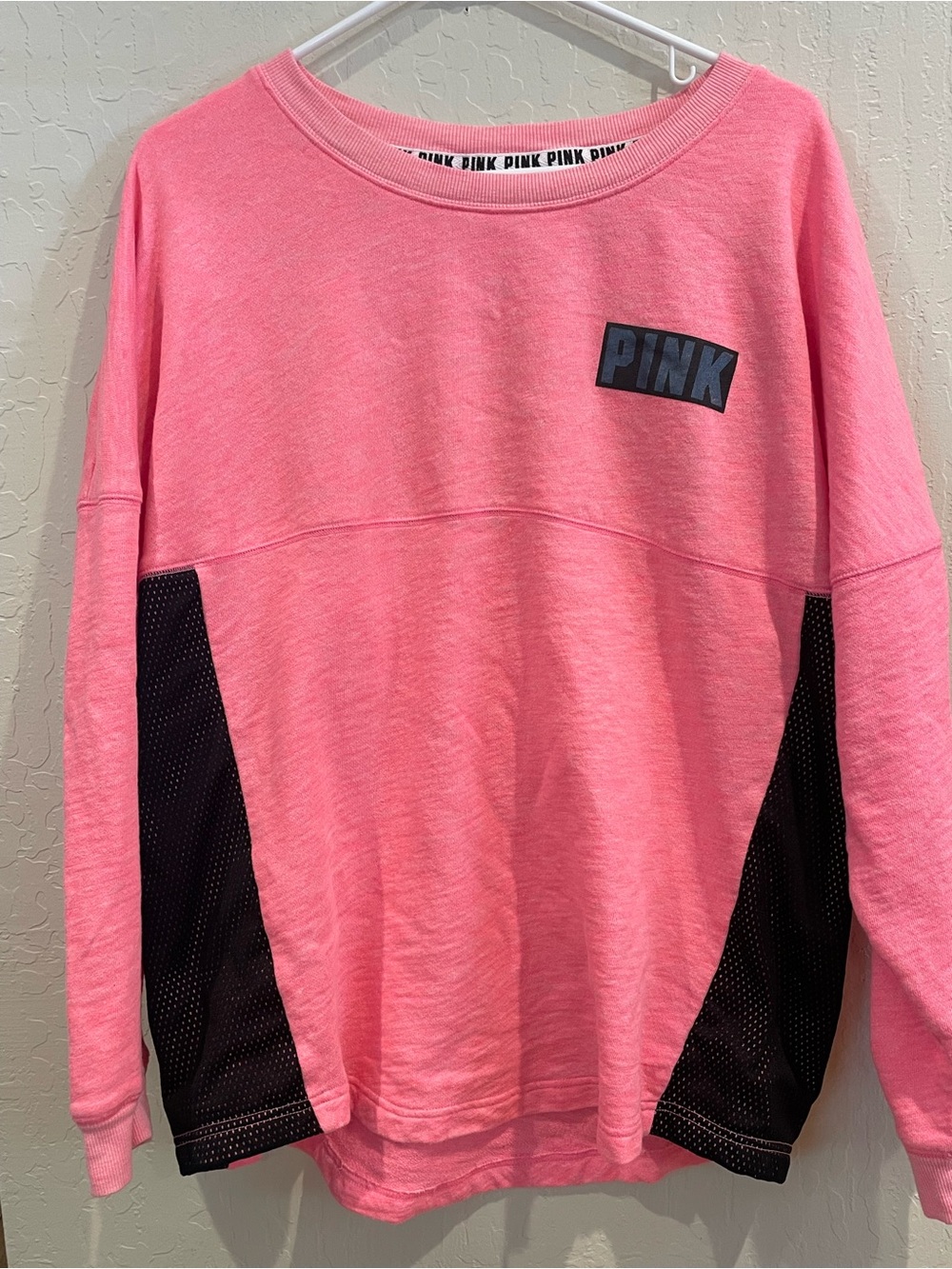PINK Victoria's Secret Oversized Varsity Crew Sweatshirt Mesh Side Neon Pink L